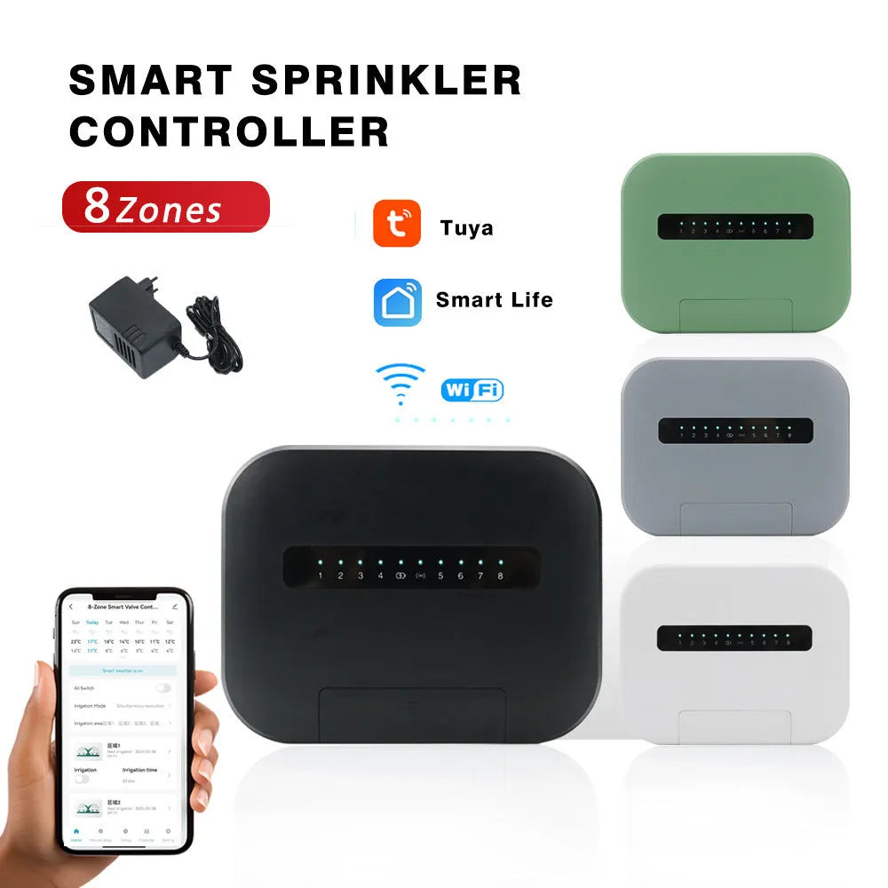 8-way smart water valve irrigation controller with wireless bridge and scheduled watering, available in black, gray, green, white