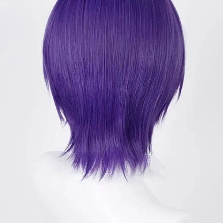 Purple short straight high temperature fibre cosplay wig on a mannequin head