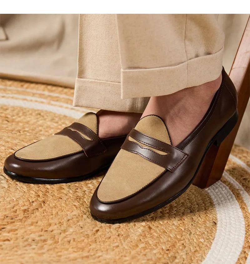 Men's coffee-grey suede slip-on loafers with a high-gloss finish and rubber sole.