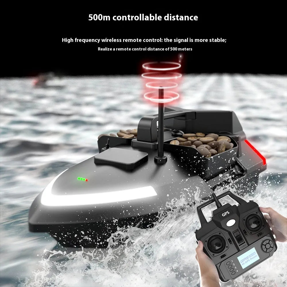 Black remote control GPS fishing boat with LED light on deck, shown with remote control.