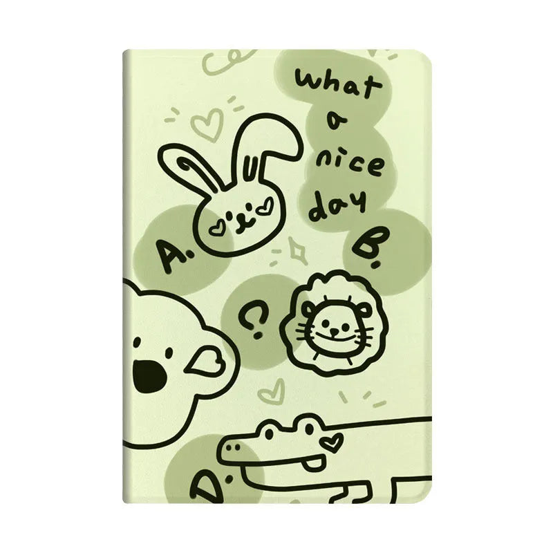 Korean cartoon flip iPad case showing Matcha Zoo design with imitation leather cover and TPU frame