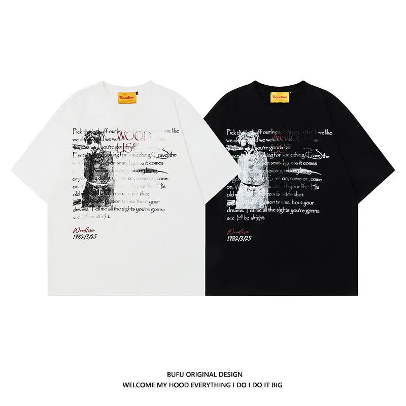 Men's black cotton t-shirt with white letter print and raglan sleeves in loose retro style