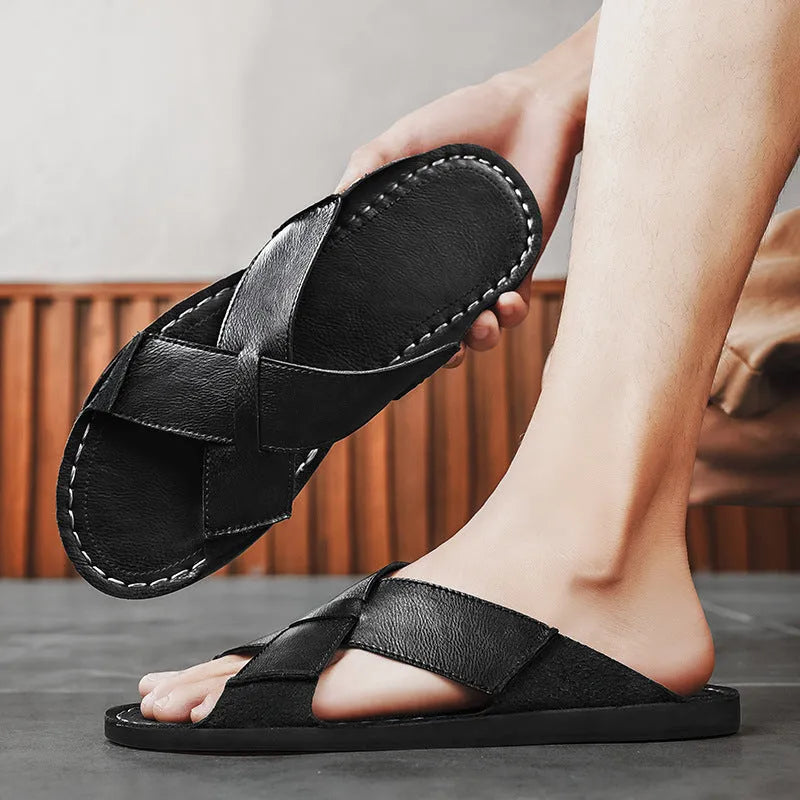 Men's genuine leather slip-on beach sandals in black with frosted finish and rubber sole
