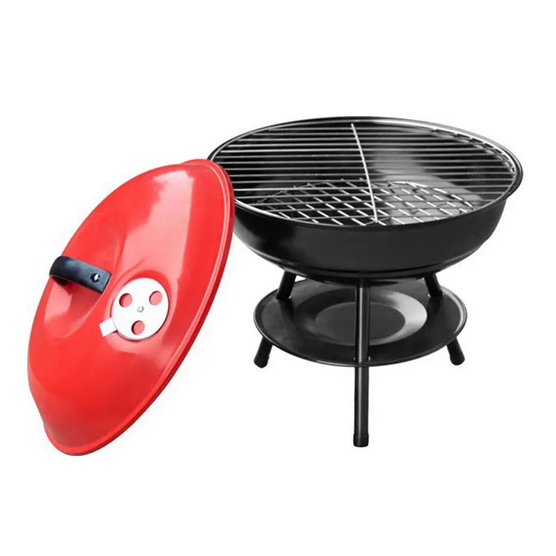 Spherical BBQ stove in black red with two baking nets and damper, expanded size 35.5x37cm
