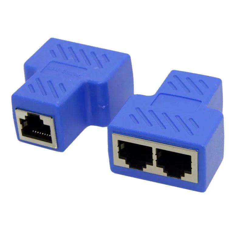 RJ45 network cable splitter adapter in multiple colours, showing one male and two female ports.