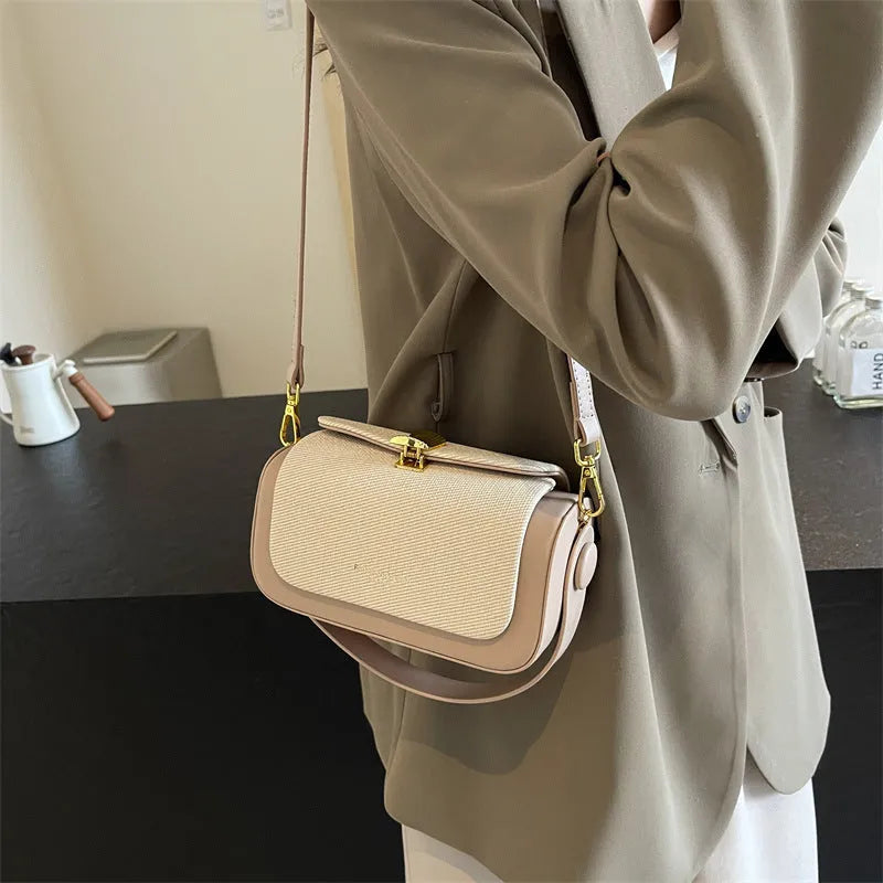 Women's PU messenger bag with lock and contrast stitching in rose pink colour, horizontal square shape