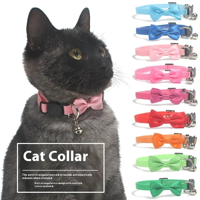 Multi-colour striped nylon bow collar with bell for cats on adjustable ribbon