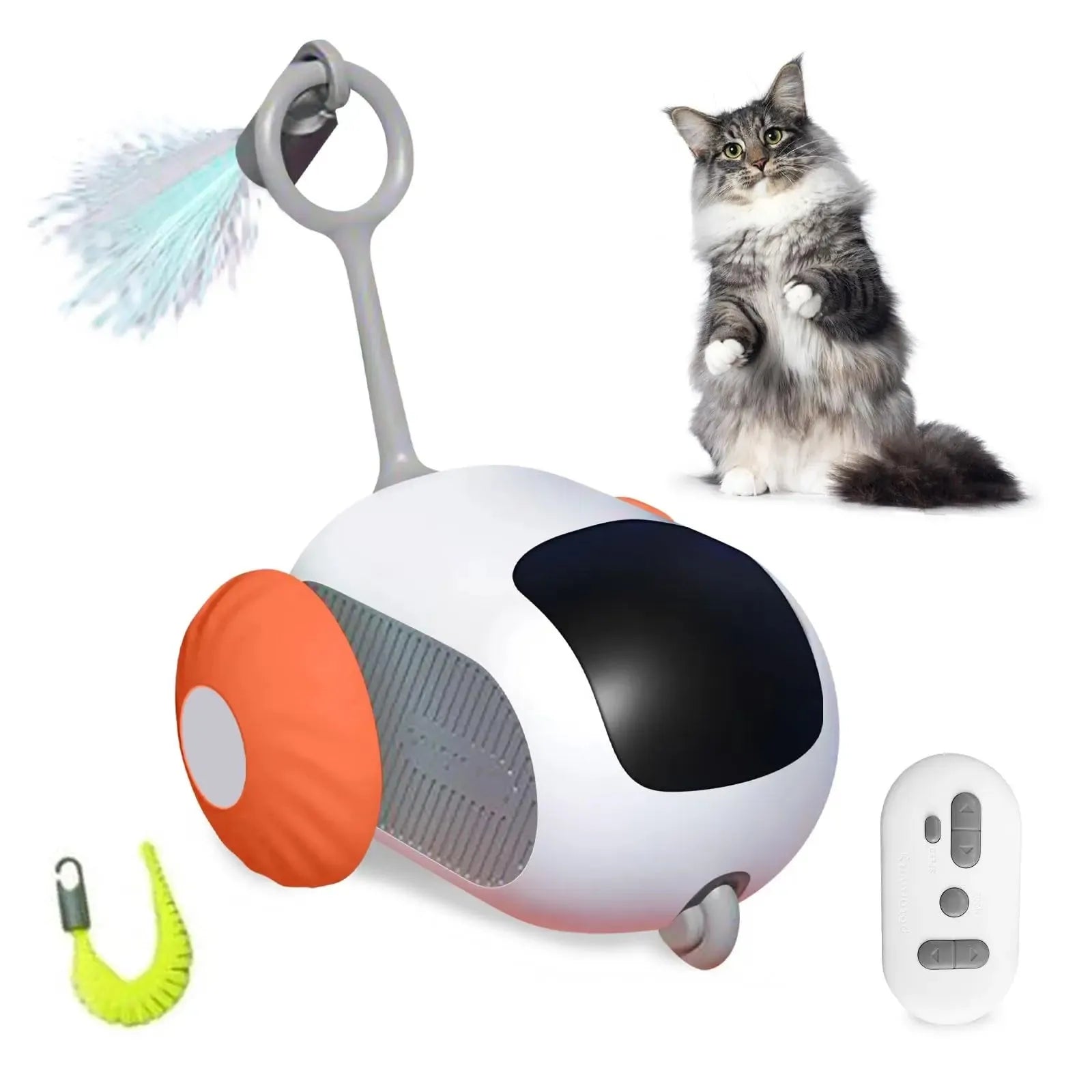 Smart cat toy car with feather teaser in blue, USB rechargeable, remote controlled