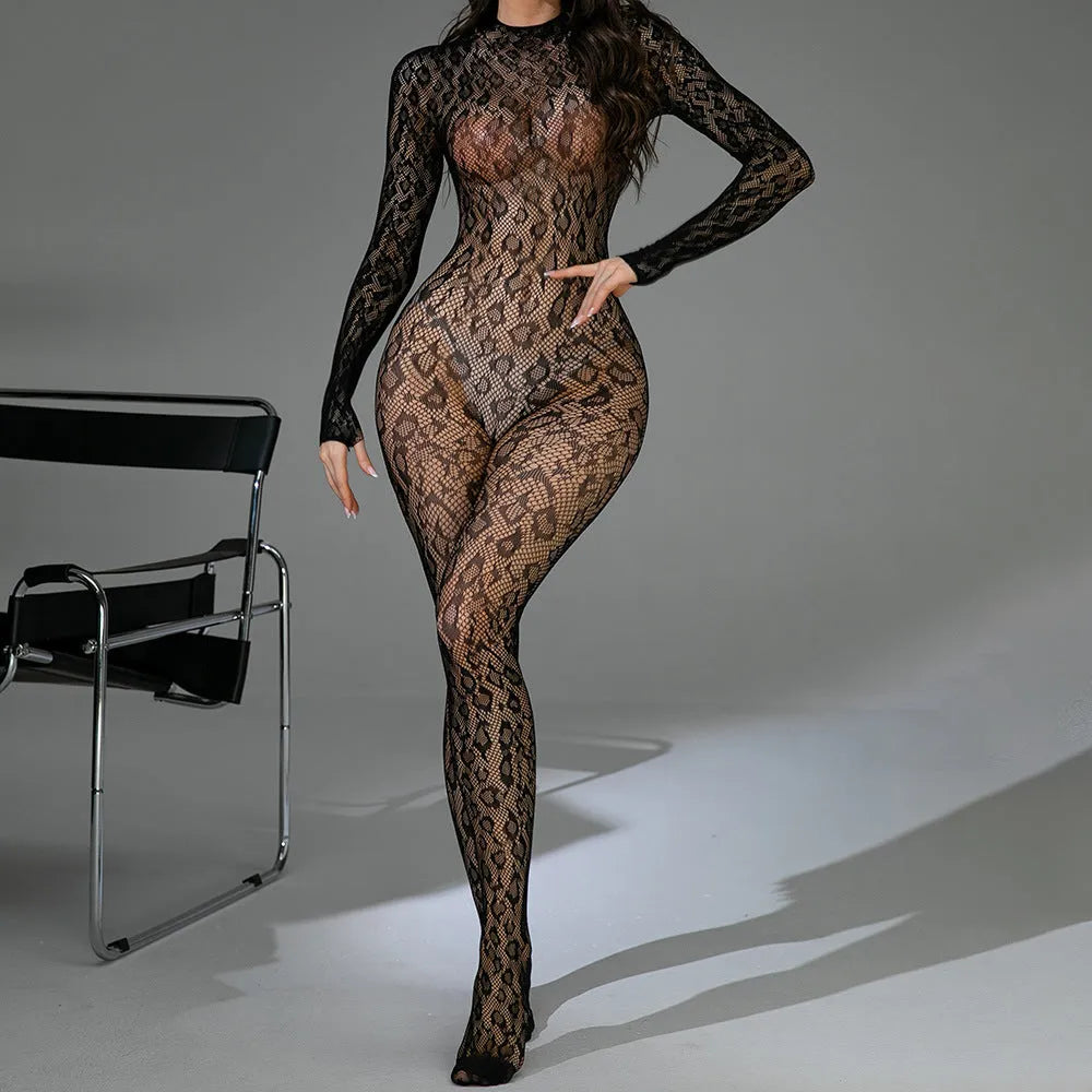 Sexy lingerie fishnet one-piece long sleeves backless jacquard bodysuit in black nylon for women free size