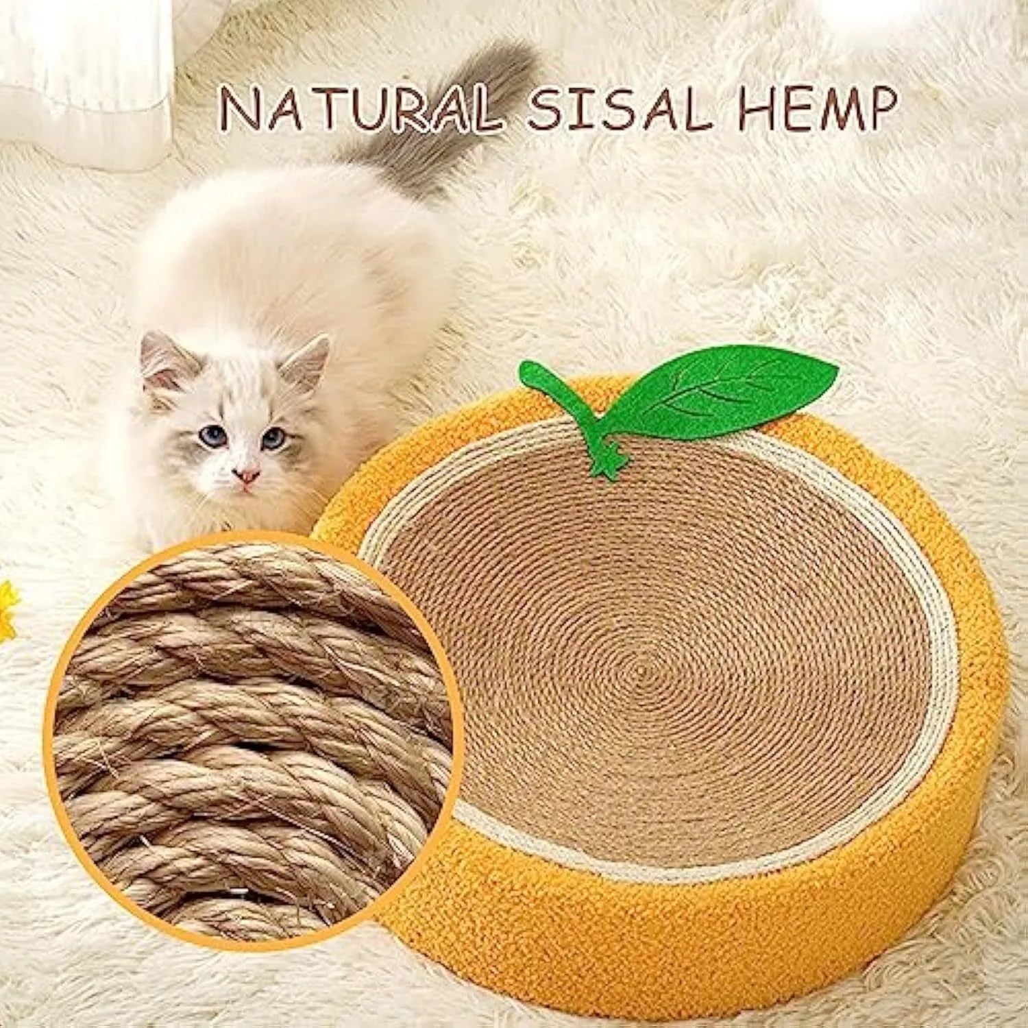 Orange fruit-shaped sisal cat scratching board with concave bed centre for small cats
