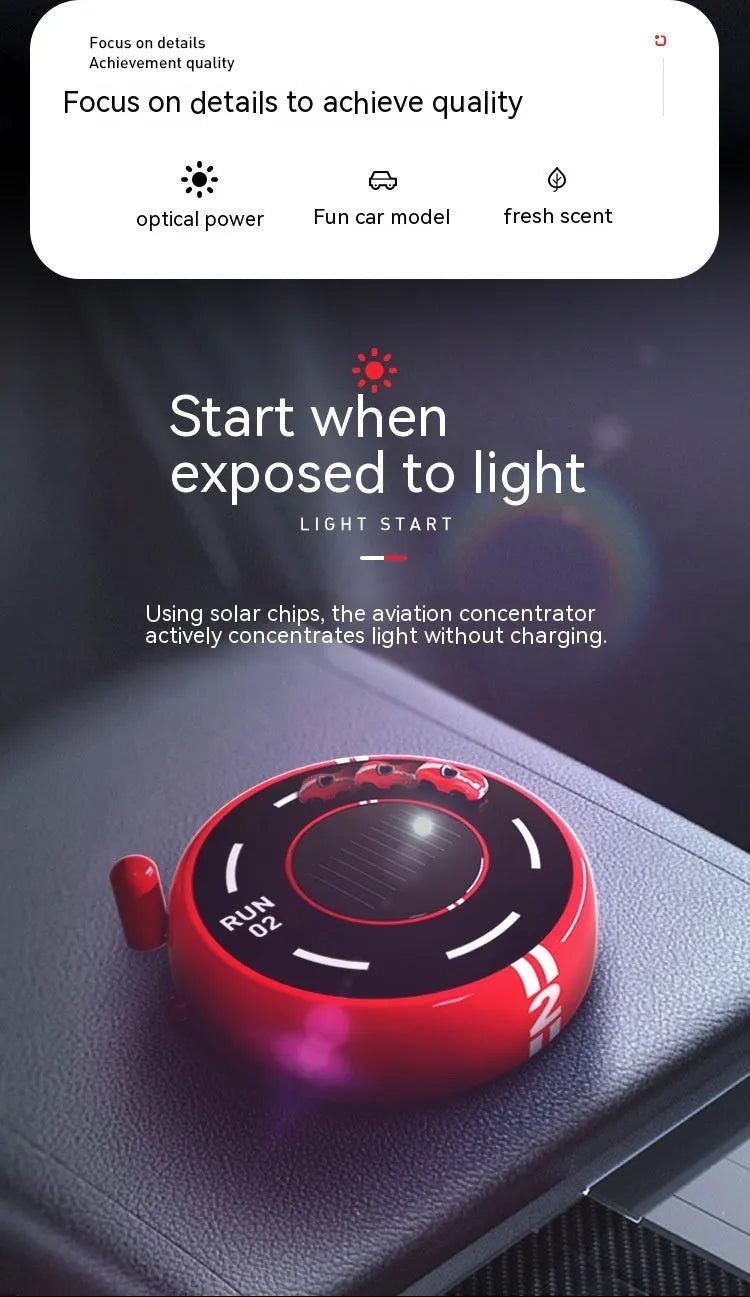 Solar-powered round car-shaped fragrance diffuser with light sensor in black plastic design
