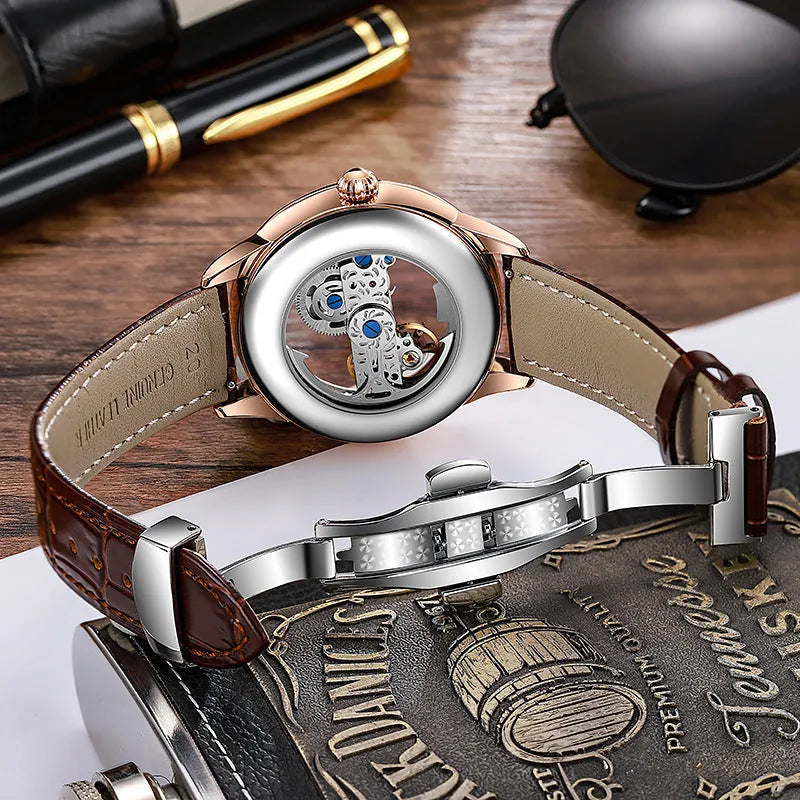 Men's luxury zircon mechanical watch with waterproof case and choice of strap options