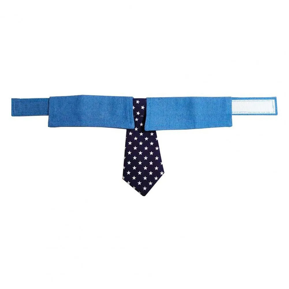 Denim pet collar with star pattern necktie, adjustable fastener tape, on a light background