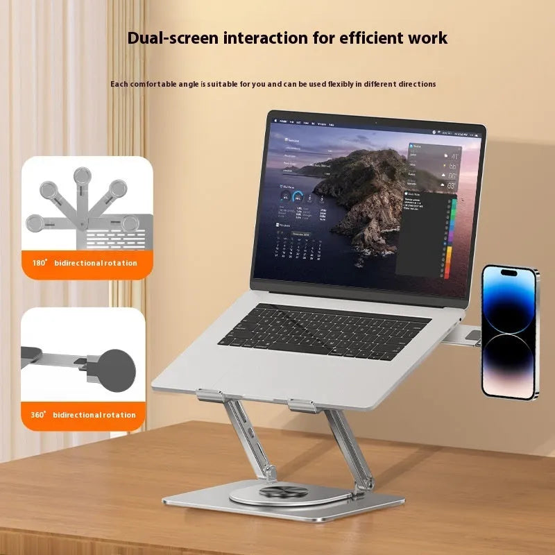 Silver carbon steel laptop stand with rotating base and side-mounted magnetic phone holder for devices up to 17 inches