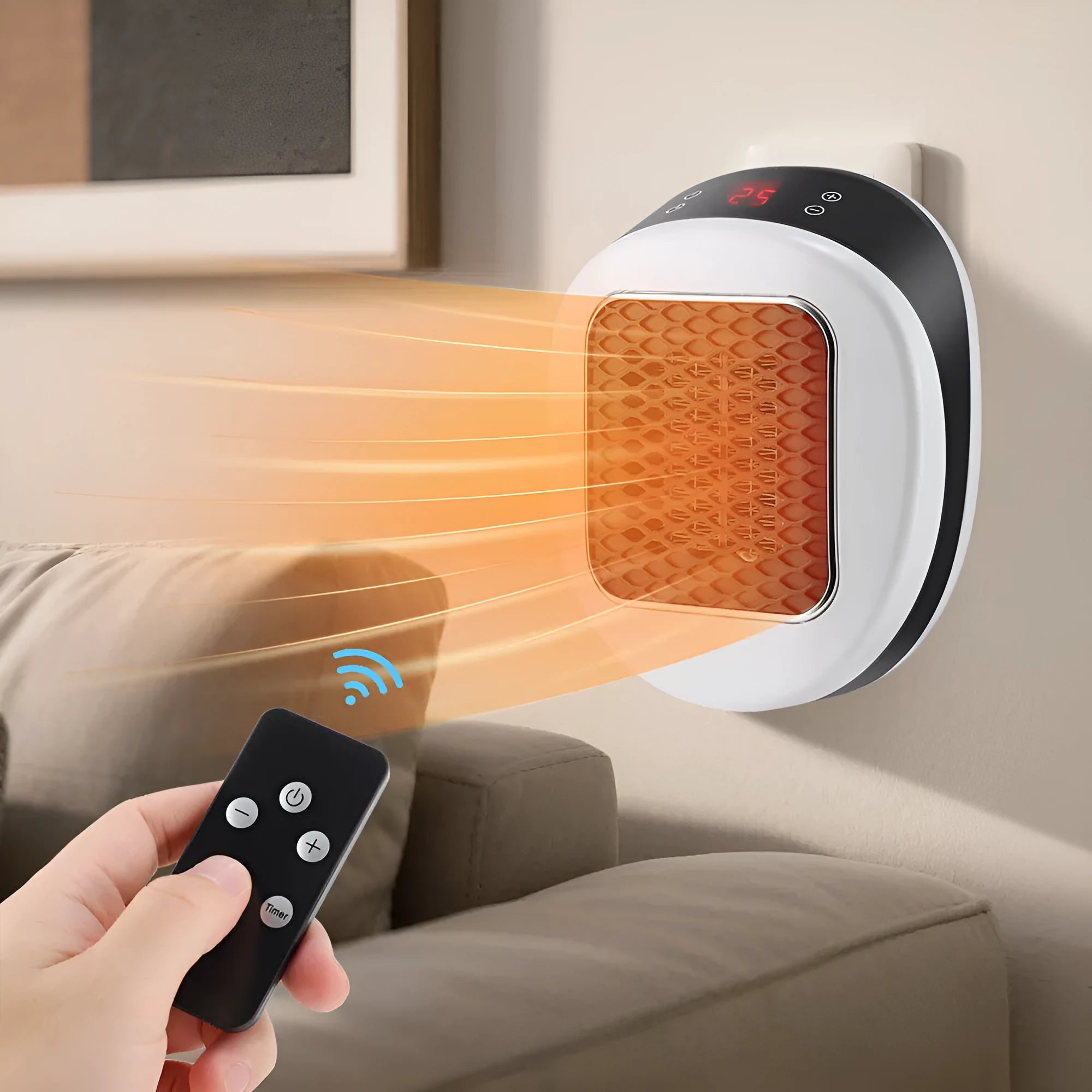 White ceramic electric air heater with remote control on a table.