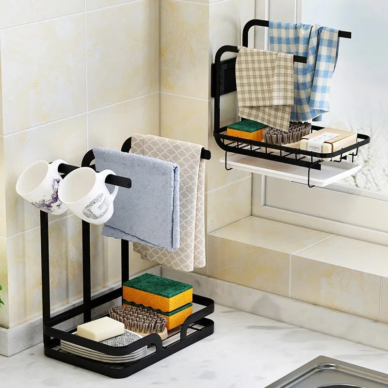 Foldable plastic kitchen rack for wall mounting or desktop rag storage and draining