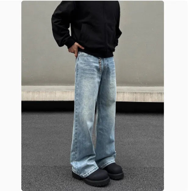 Men's retro whisker washed blue straight jeans with medium-high waist and visible stitching