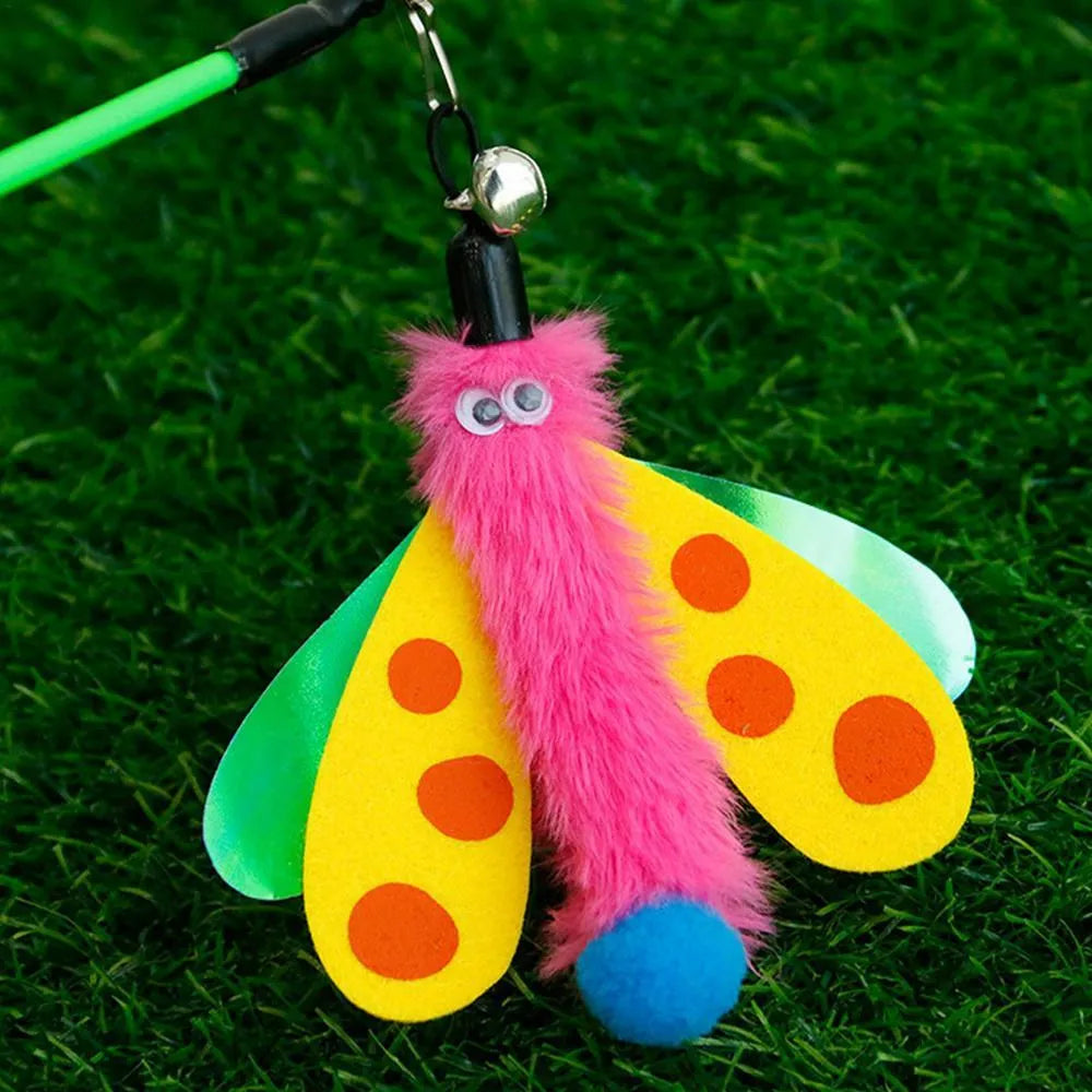Cat wand toy with bell dragonfly attachment in green, yellow, and pink on white background