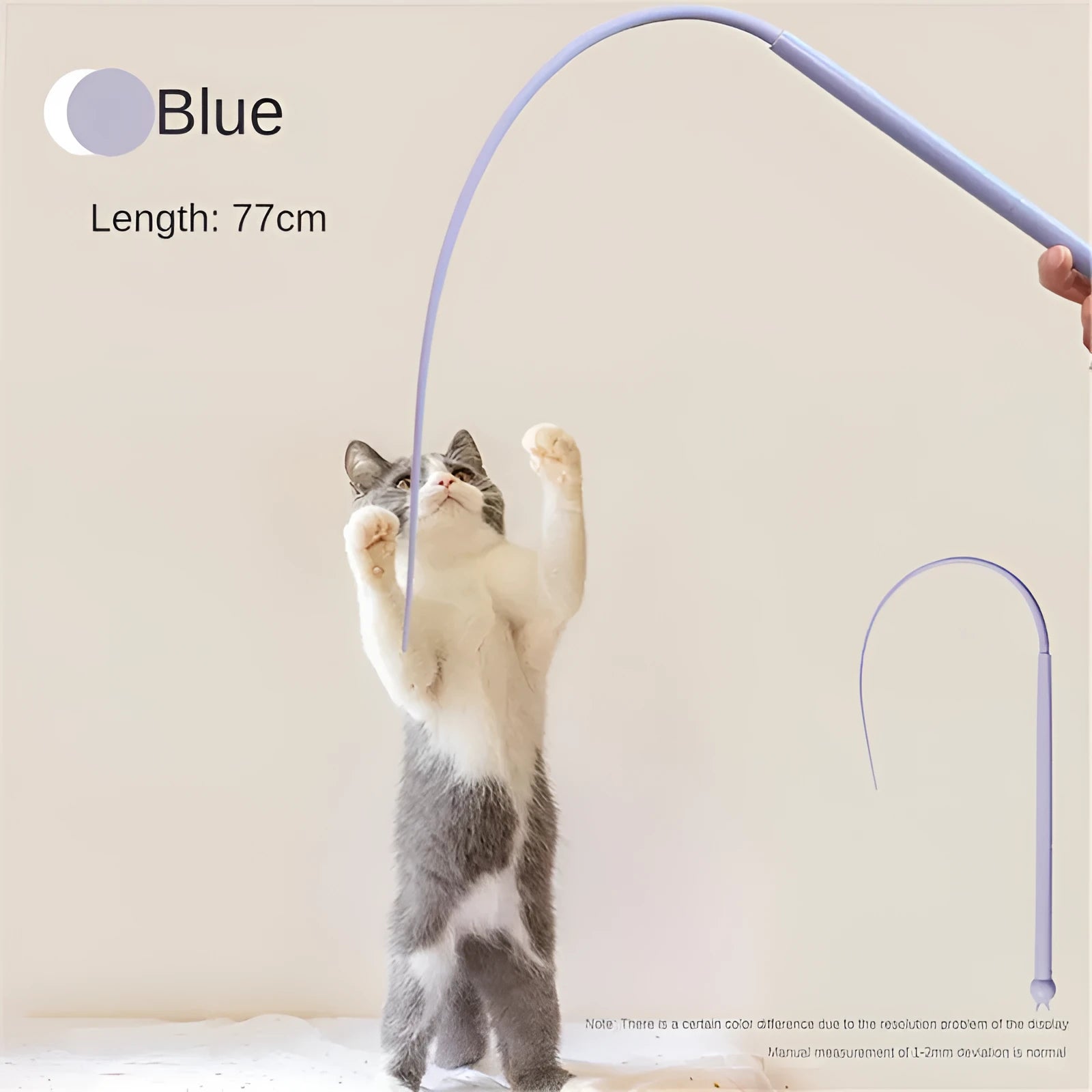 Blue silicone mouse tail cat toy with ABS handle showing 80cm length and replaceable core system