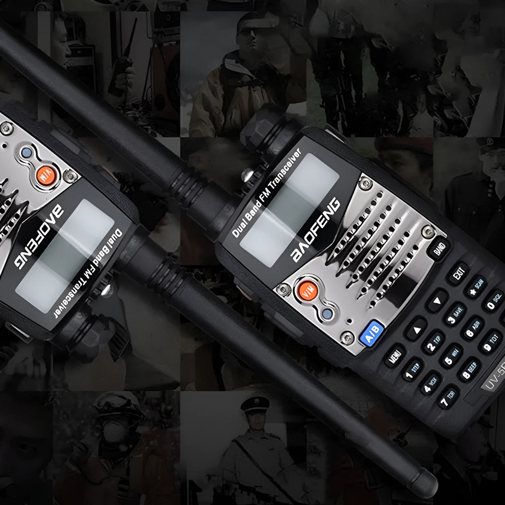 Baofeng UV-5RA dual-band two-way radio showing dual frequency display with 1800mAh battery