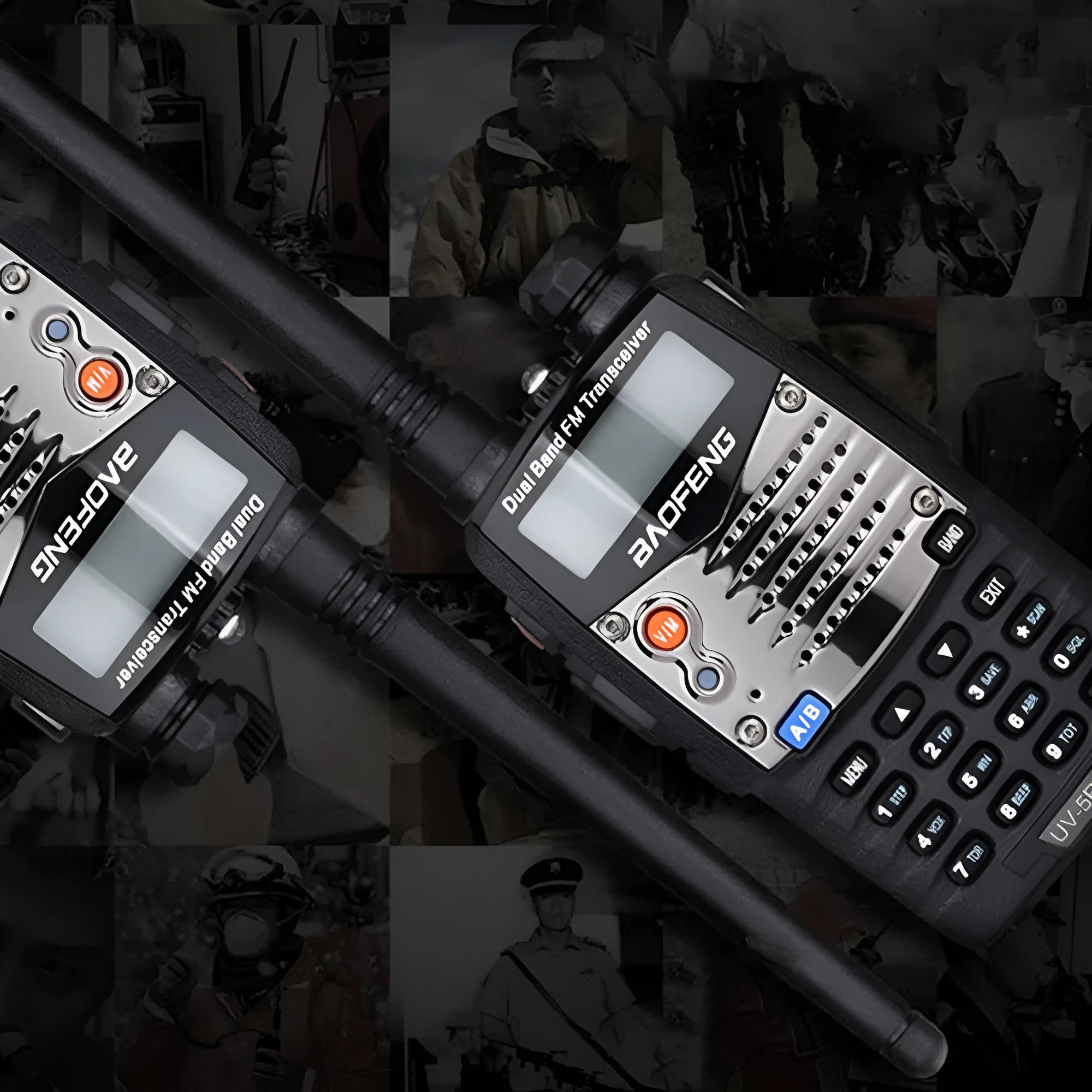 Baofeng UV-5RA dual-band two-way radio showing dual frequency display with 1800mAh battery