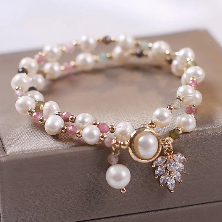 Strawberry quartz double layer bracelet with Lucky Cat charm in red cat's eye flowers colour