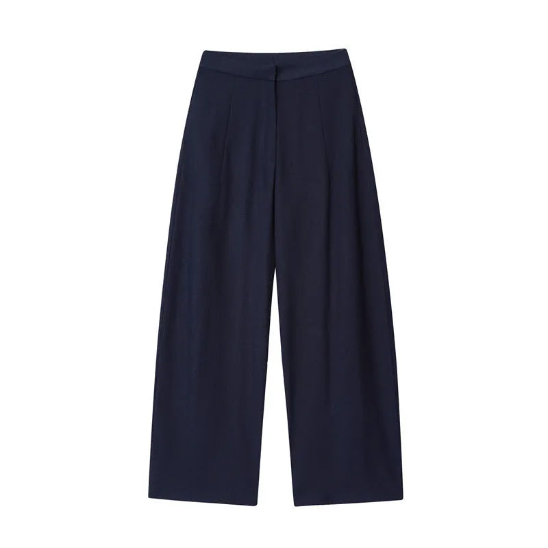 Women's linen style two-piece set with flounced sleeve shirt and wide leg trousers