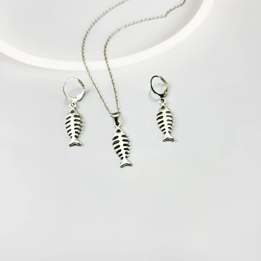 Retro-style alloy fishbone pendant necklace with adjustable chain and matching earrings.