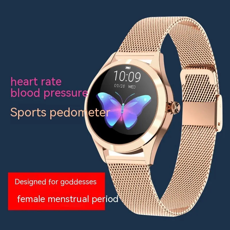 Women's sports smartwatch showing heart rate monitoring and available in four colours