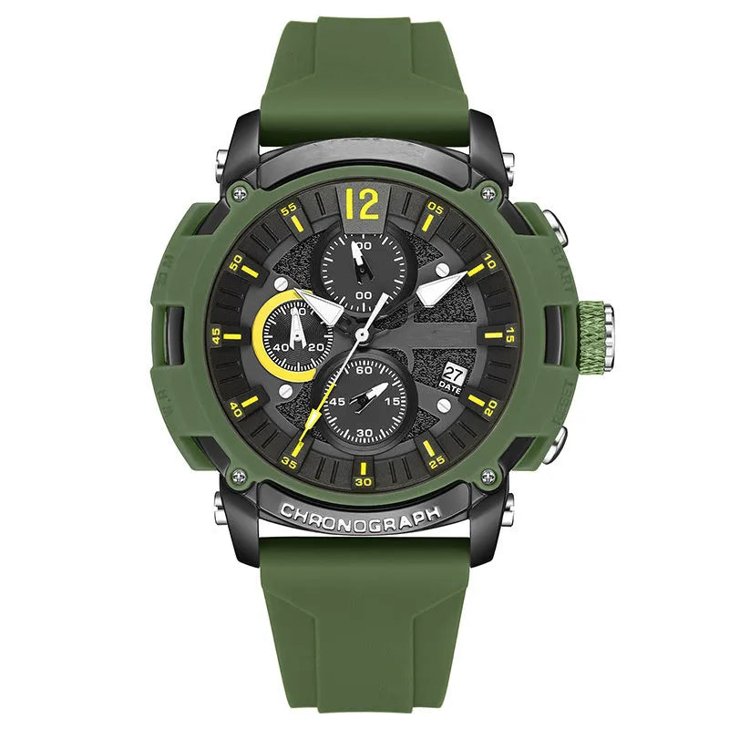 Men's black wristwatch with luminous markers, calendar display, and a 51mm case.