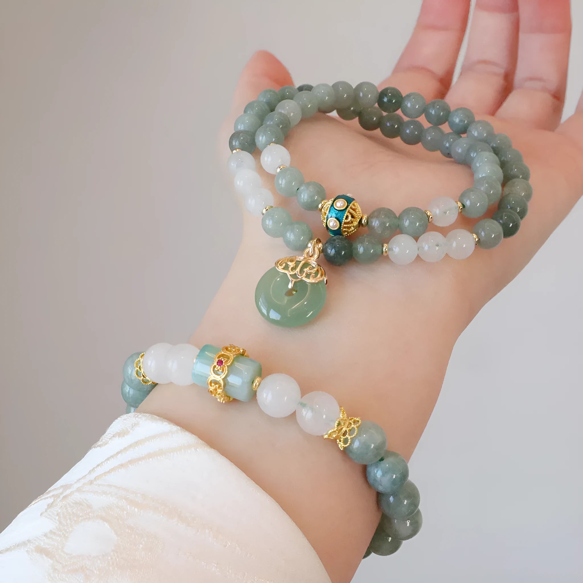 Women's safety buckle pendant crystal bracelet with Myanmar jade in New Chinese geometric style