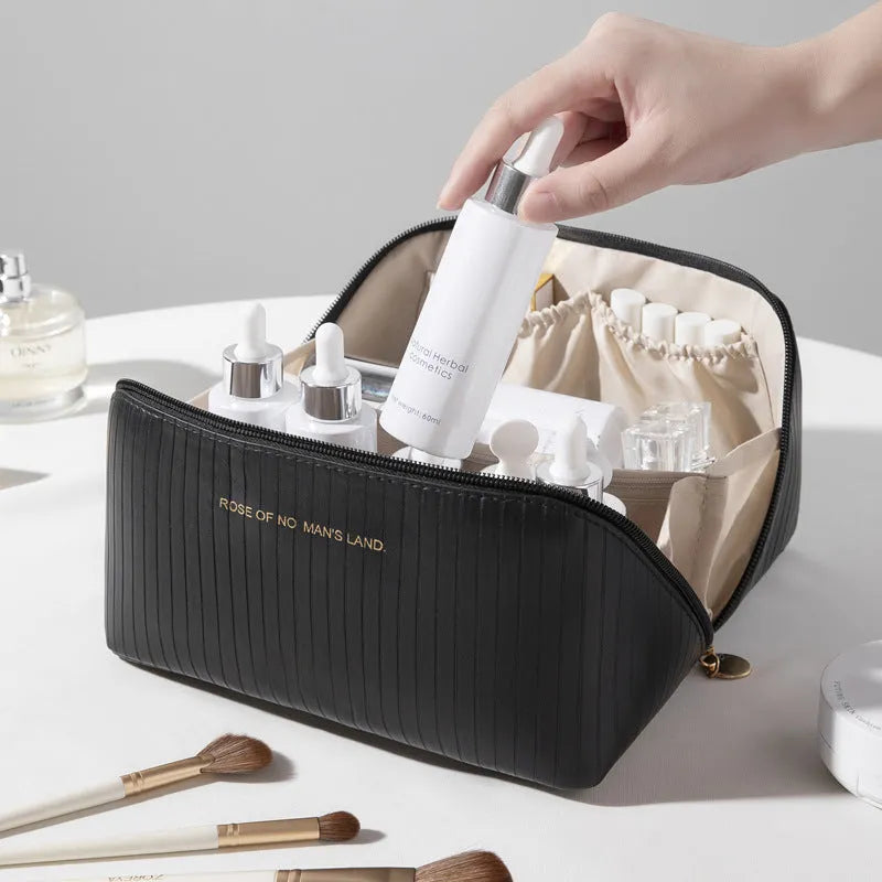 Vertical pattern pillow makeup bag cubic shape 22.5cm PU material travel organiser