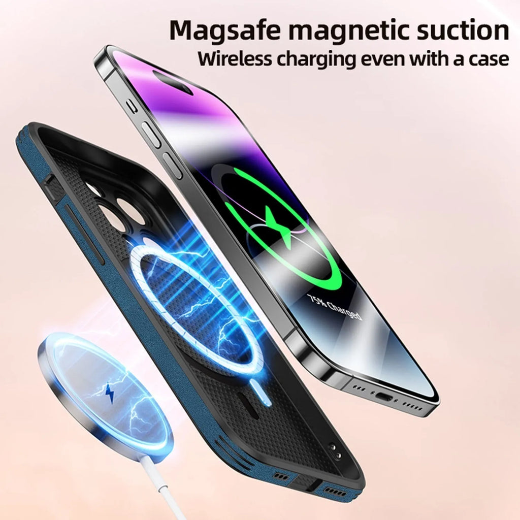 Magnetic charging moose head imitatin leather phone case for iPhone 16, black colour, embossed design