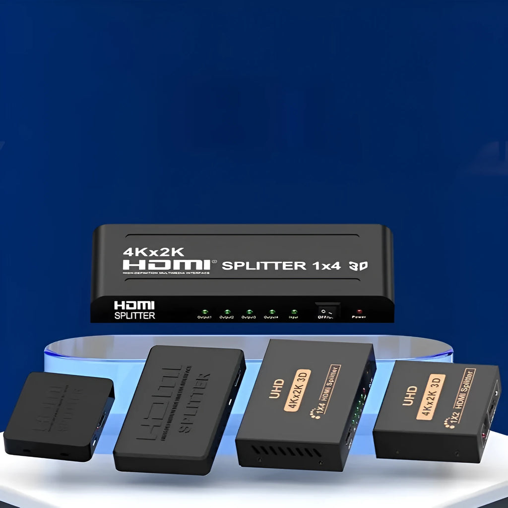 4K HDMI splitter hub with one input and two output ports on a black casing.