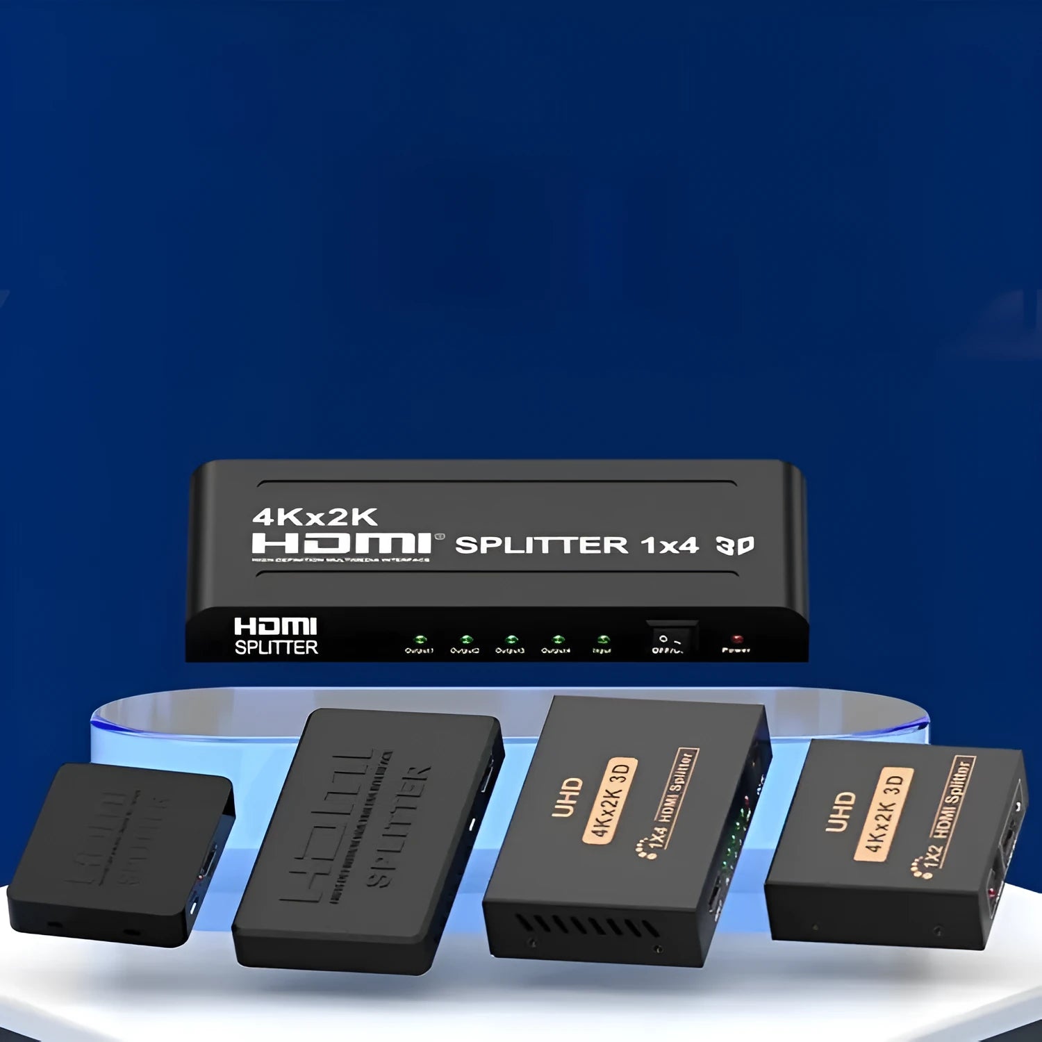 4K HDMI splitter hub with one input and two output ports on a black casing.