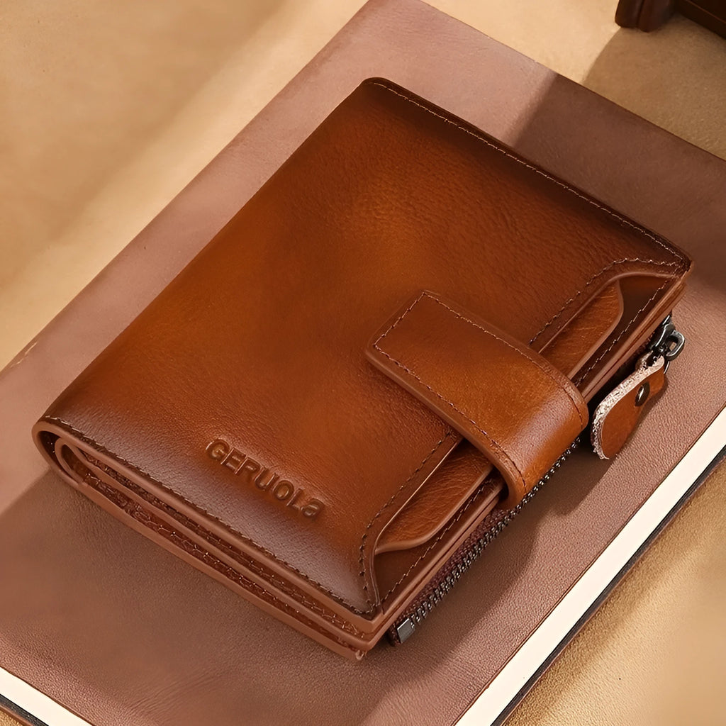Men's multifunctional zipper small wallet in cowhide leather, large capacity, multiple card slots, anti-theft, yellow brown colour
