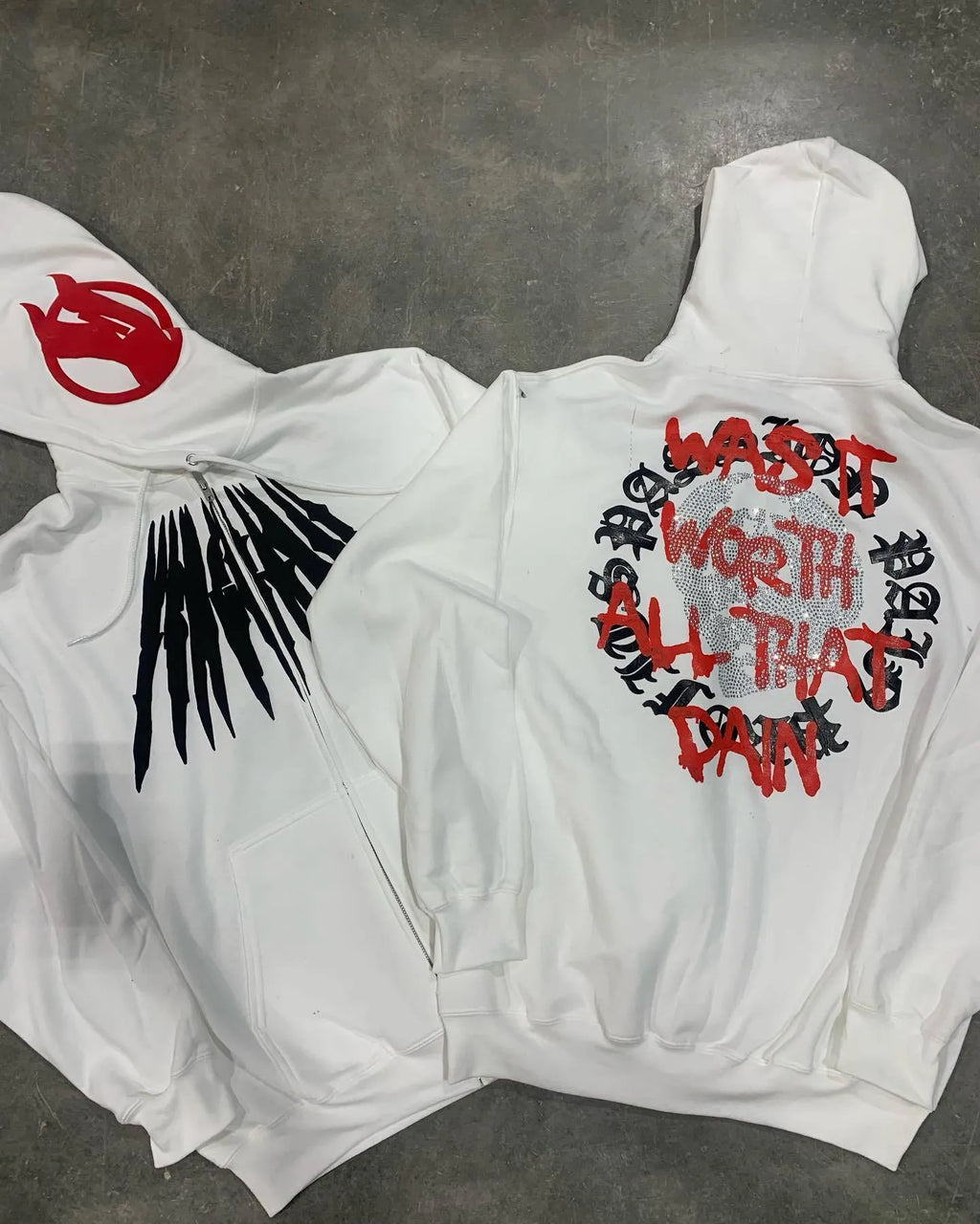 Printed skull rhinestone loose hooded sweatshirt cardigan in black or white colour options