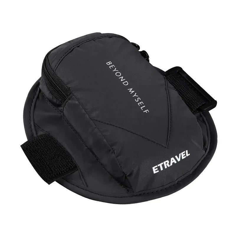Running arm bag with reflective strips showing 7-inch capacity and polyester lining