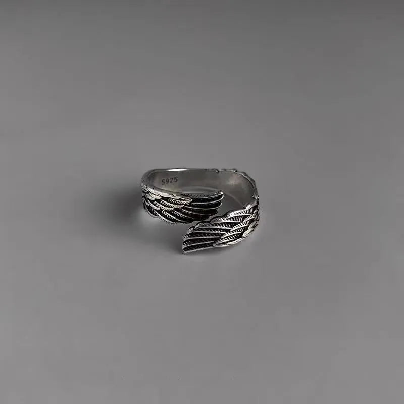 Love couple plain silver ring set with angel wings vintage finish and bracelet