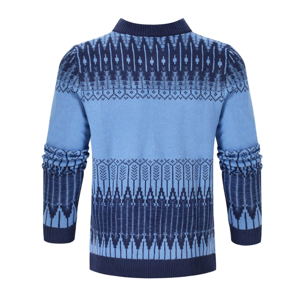 Men's grey knitted long-sleeve pullover sweater for winter, shown on a model.