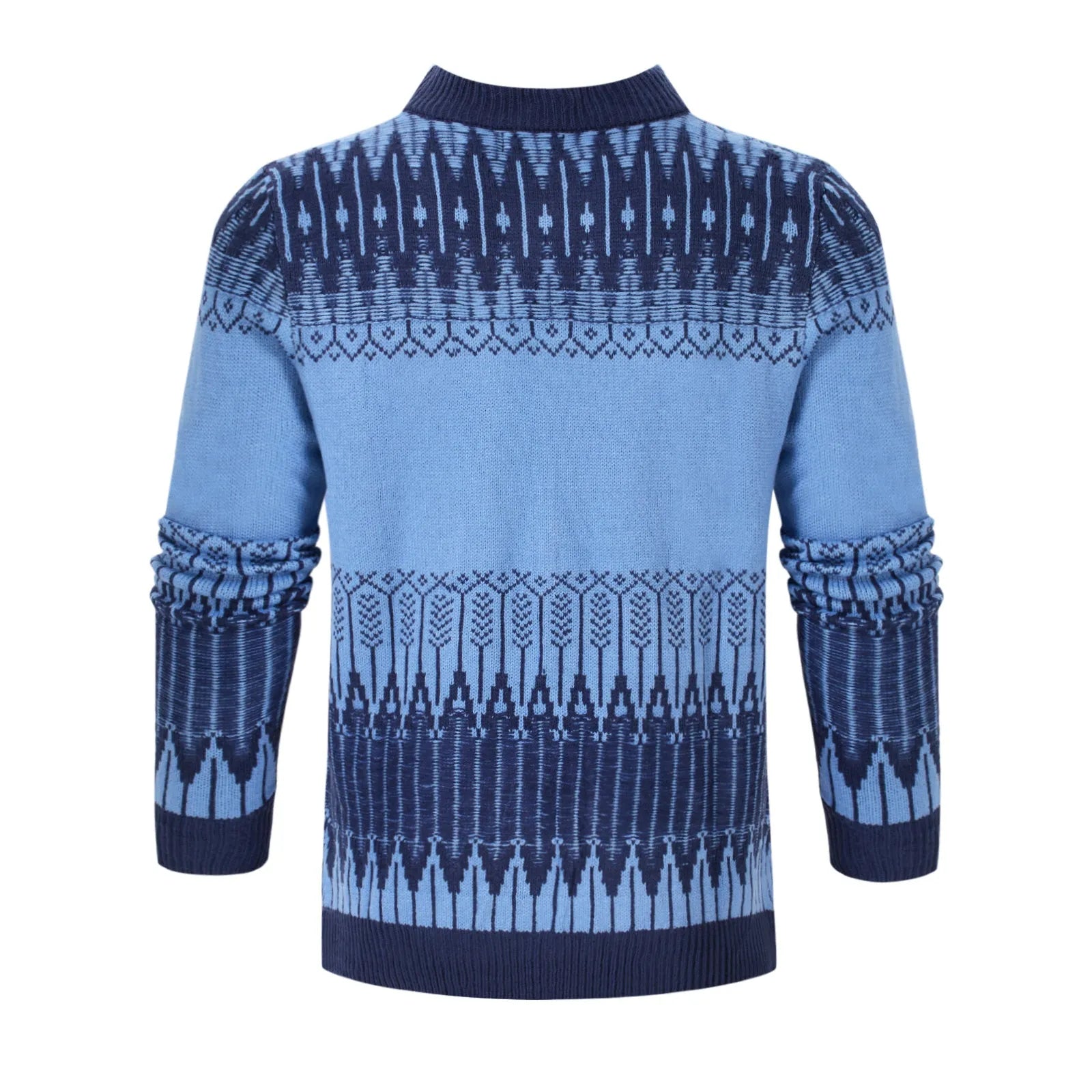 Men's grey knitted long-sleeve pullover sweater for winter, shown on a model.
