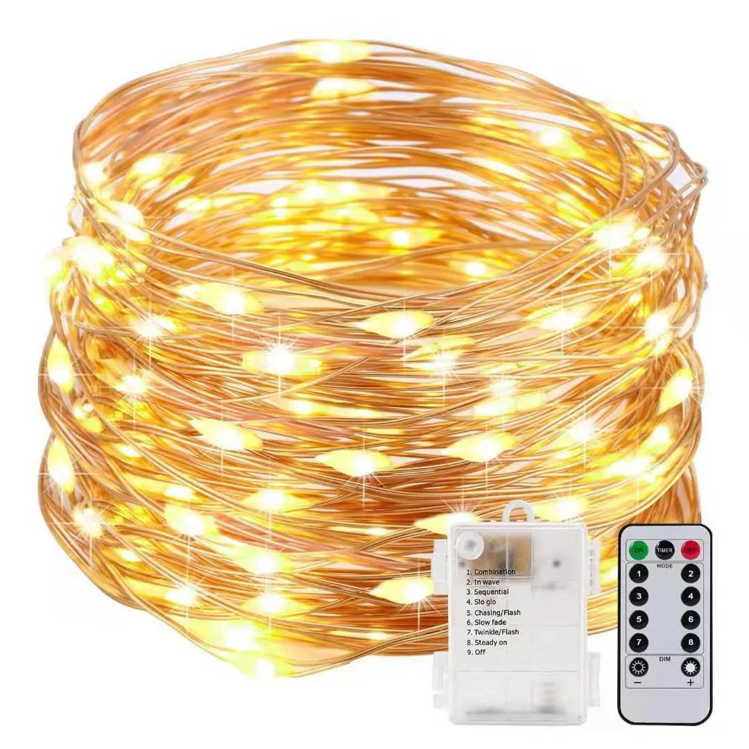 12-metre copper wire LED string lights with 120 bulbs showing multiple colour options and USB power connection