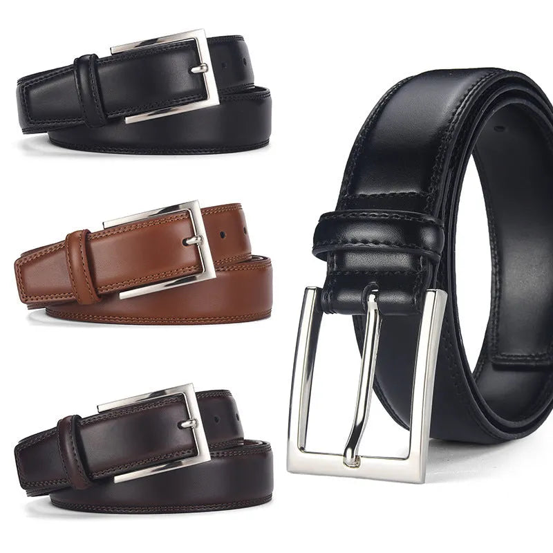 Men's black genuine leather belt with a silver alloy pin buckle fastened, showing glossy patent leather finish.