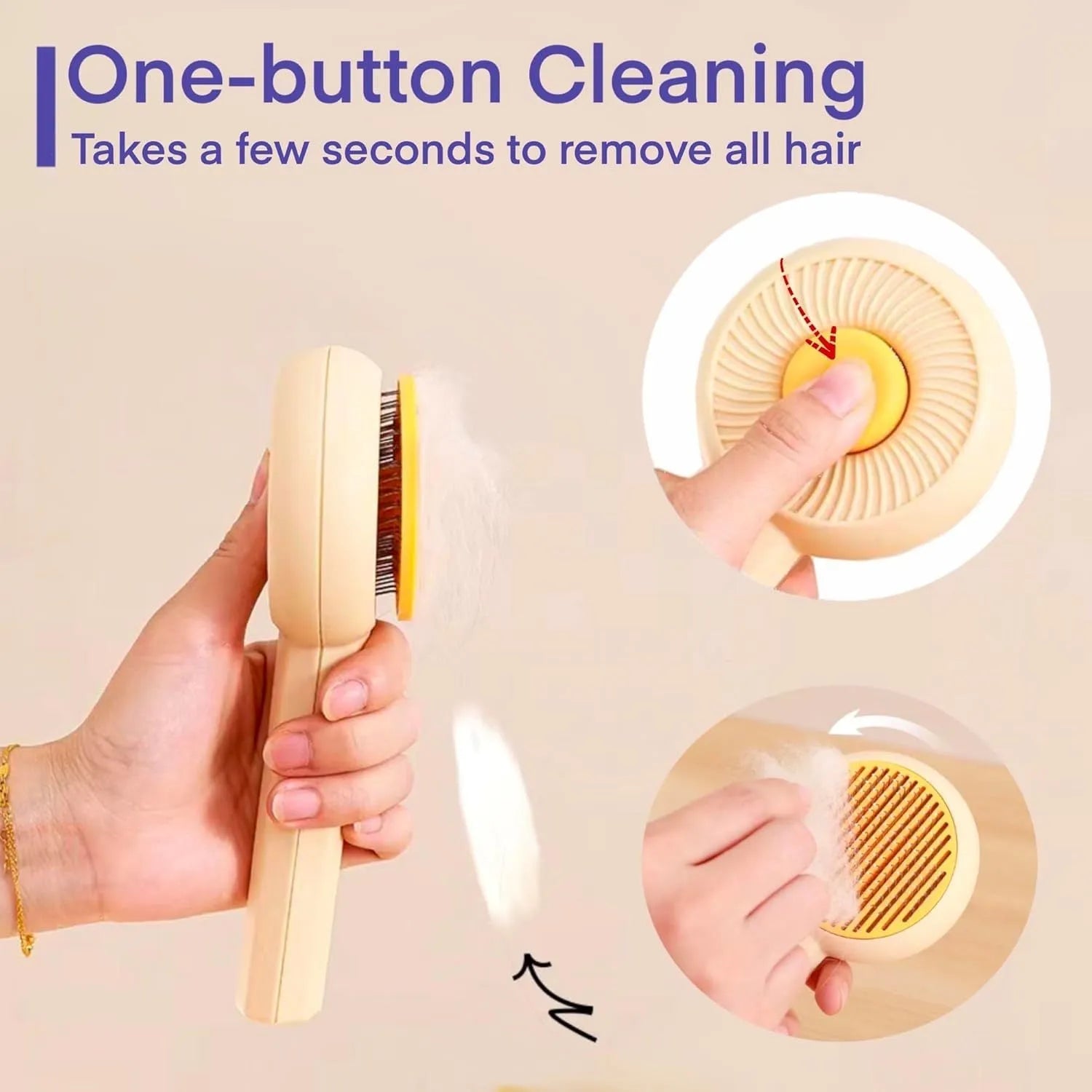 Blue pet grooming brush with angled metal bristles and self-cleaning button for cats and dogs