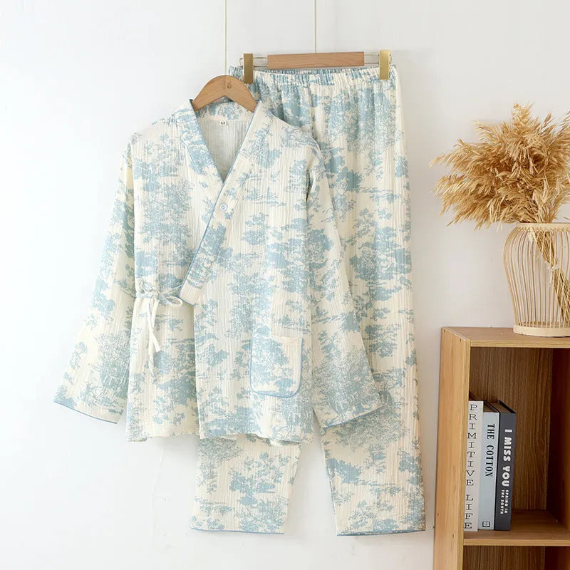 Women's pure cotton gauze loungewear suit in frosted pine trees pattern with long sleeves and trousers