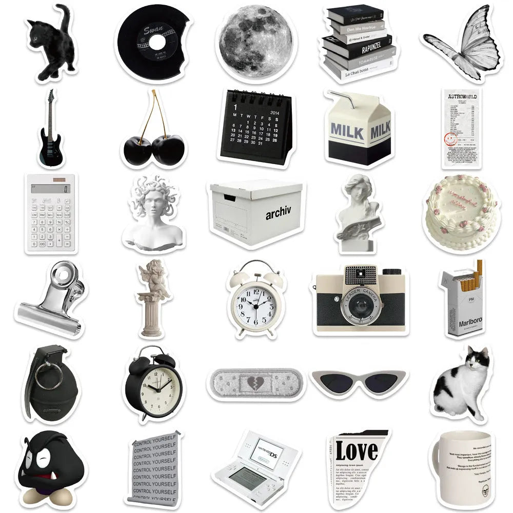 61 black and white waterproof PVC stickers for laptops and phones on a sheet.