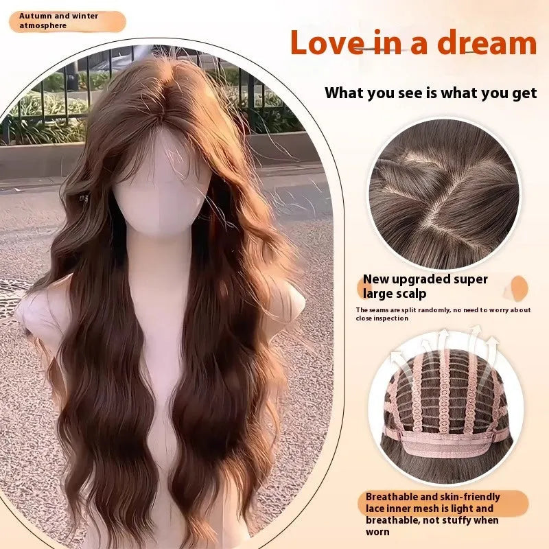 Female full-head wig with natural long curly hair and side bangs in Brown Black high temperature fibre style
