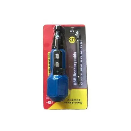 Black and blue alloy steel electric screwdriver with straight handle and rechargeable battery