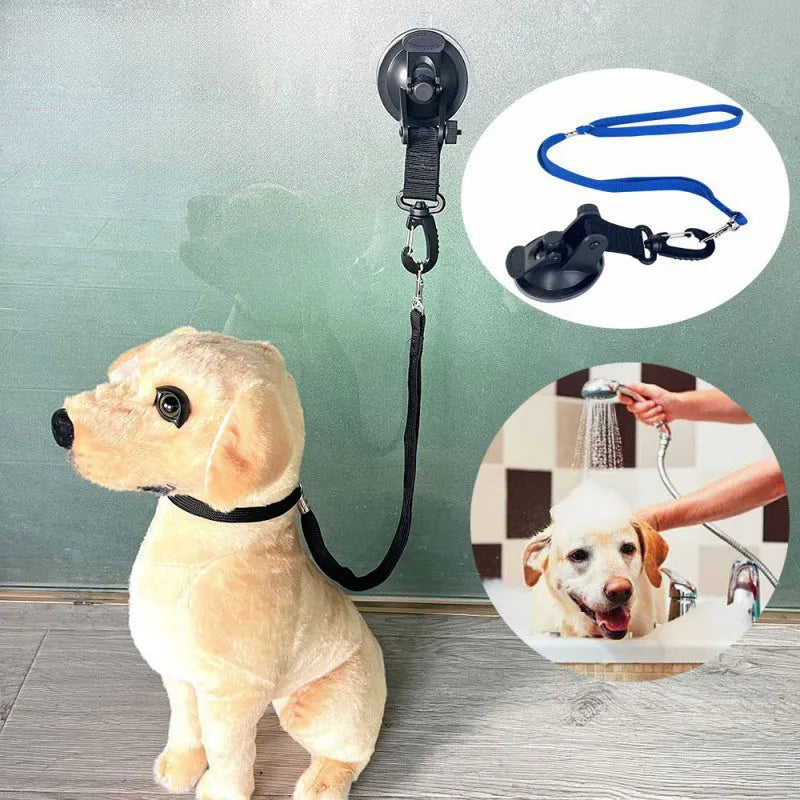 Pet bathing restraint with adjustable rope, handcuffs, and suction cups in black or blue colours