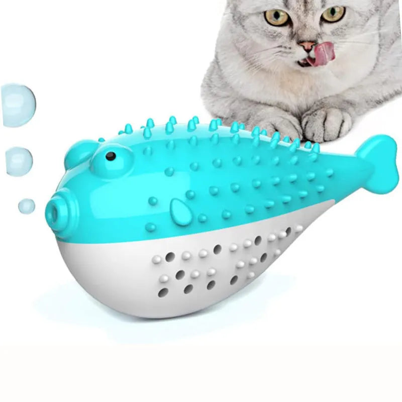 Silicone fish-shaped cat chew toy in assorted colours for dental care and play